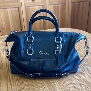 Coach satchel, black leather with purple satin interior, excellent condition